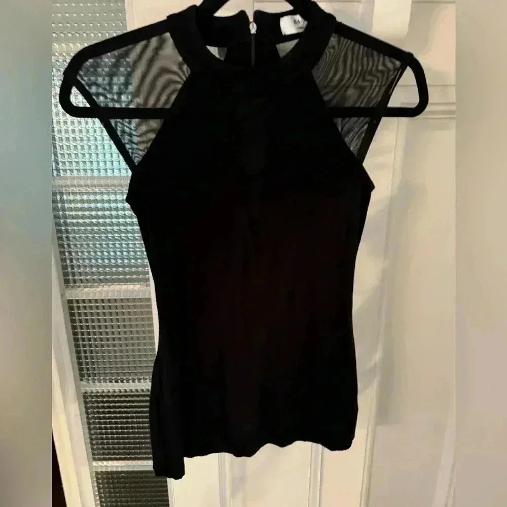 Bailey/44 black top with sheer cap sleeves and Sheer V-Front insert zip back XS